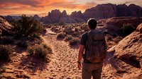 Man with backpack hiking through desert landscape at golden hour sunset with rocky mountains and sparse vegetation in background.