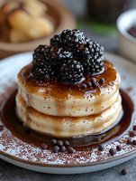 Fresh fluffy pancakes topped with ripe blackberries, maple syrup, chocolate chips and cocoa powder on white plate, close up view of breakfast dish.