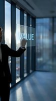 Professional businessman touching transparent digital screen displaying VALUE text in modern corporate office corridor for business strategy presentations.