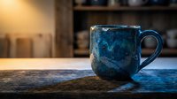 Blue ceramic coffee mug with marbled glaze pattern on wooden table in warm kitchen setting for morning beverage and home decor concepts.
