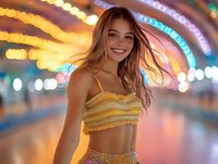 Young woman with flowing hair smiling against colorful bokeh lights background, wearing yellow crop top and sparkly skirt at night carnival or amusement park.