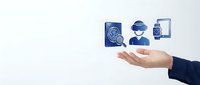 Open hand displaying digital icons for brain scan, AI assistant, and mobile app interface representing artificial intelligence technology and healthcare innovation.