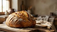 Freshly baked artisan sourdough bread loaf with golden crust on wooden cutting board in rustic kitchen setting for bakery and homemade cooking concepts.