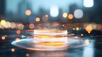 Glowing circular platform with light rings on reflective surface amid blurred city lights and bokeh effects creates futuristic technological atmosphere.