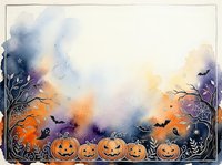 Halloween watercolor background with jack-o-lantern pumpkins, spooky trees and bats creating festive autumn atmosphere for seasonal decorations.