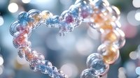 Delicate heart shape formed by transparent bubbles with colorful rainbow reflections on blurred bokeh background, romantic and dreamy atmosphere.