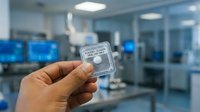 Technician holding microchip in modern laboratory environment with computer monitors and equipment in background, showcasing semiconductor technology and innovation in electronics manufacturing.