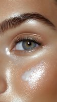 Close-up of green eye with long eyelashes and groomed eyebrow on glowing, dewy skin. Macro beauty shot highlighting natural makeup and radiant complexion.
