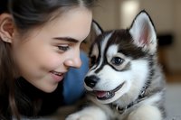 Young woman bonding with adorable husky puppy in cozy home setting. Pet ownership, companionship and unconditional love between human and dog.