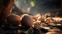 Ripe coconuts on sandy ground with warm sunlight and blurred tropical foliage background, suitable for food, agriculture, and travel marketing materials.