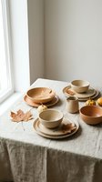 Autumn table setting with warm terracotta and beige ceramic dinnerware on linen tablecloth near window with dried maple leaves for seasonal dining decor.