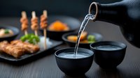 Pouring sake into black ceramic cup with traditional Japanese food setting on dark table, dramatic lighting highlights liquid stream and dining atmosphere.