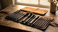 Professional woodworking chisel set with wooden handles arranged on leather tool roll beside cutting board in warm sunlit workshop interior.