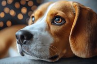 Close up portrait of beagle dog with bright blue eyes looking at camera against blurred bokeh background, showing expressive face and distinctive floppy ears.
