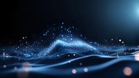 Glowing blue particles flowing in wave patterns against dark background, representing data streams, technology, and digital transformation for tech presentations and modern design projects.