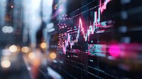 Financial market data visualization with glowing pink and blue candlestick charts on digital display, showing stock trading analysis against blurred background.