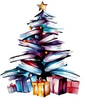 Artistic watercolor Christmas tree made of stacked books with colorful presents underneath and golden star on top, decorated with ornaments. For holiday cards and reading themes.