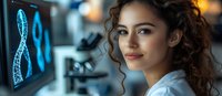 Young Hispanic female scientist in lab coat analyzing DNA structure on computer screen, curly hair, confident expression, medical research environment.