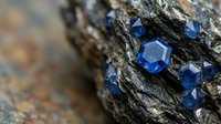 Blue sapphire gemstones embedded in natural rock formation showing raw mineral crystals in their geological matrix with metallic surface textures.