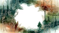 Forest wilderness frame with deer silhouettes, pine trees and mountain landscape in watercolor style for nature designs and outdoor themes.