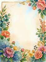 Watercolor floral frame with peonies, roses, and hydrangeas in pastel tones, gold accents, and copy space for wedding or greeting card.