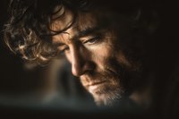 Mature Caucasian man with curly hair and beard in dramatic chiaroscuro lighting showing deep contemplation and emotional intensity for storytelling projects.