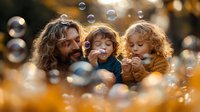 Joyful family moment with father and two small children blowing soap bubbles in golden sunlight, creating magical atmosphere during outdoor playtime in autumn park.