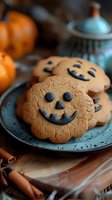 Homemade pumpkin-shaped cookies with chocolate jack-o-lantern faces on turquoise plate, autumn setting with mini pumpkins and teapot in background.