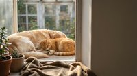 Orange tabby cat sleeping peacefully on cozy armchair by sunny window with houseplants creating warm domestic atmosphere for home decor and pet lifestyle content.