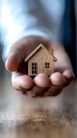 Small wooden house model held gently in palm, symbolizing real estate, home ownership, property protection and family security concept. Soft focus background.
