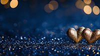 Golden heart decorations on dark blue glittery background with bokeh lights and copy space, romantic holiday celebration concept for Valentine's Day or wedding design.
