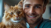 Happy young Caucasian man with beard holding adorable orange tabby kitten close to face, both looking at camera with warm expressions in cozy home setting.