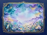 Watercolor fantasy landscape with ornate golden frame, magical clouds and floral elements for fairy tale designs and enchanted storytelling projects.