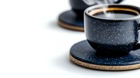 Hot coffee in speckled ceramic cups on cork coasters against white background, suitable for cafe, beverage, and lifestyle design projects.