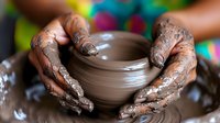 African American hands shaping wet clay on pottery wheel, close-up view of artisan crafting ceramic bowl. Authentic creative process showing traditional pottery making.