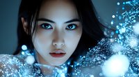 Young Asian woman with bright blue eyes and glowing magical particles surrounding her face in dark atmospheric lighting creating mystical fantasy portrait.