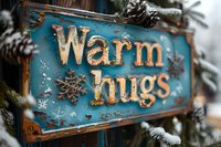 Rustic blue wooden sign with gold lettering reading warm hugs, decorated with snowflakes and pine cones, creating cozy winter holiday atmosphere.