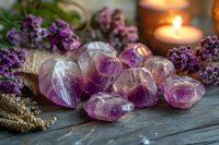 Purple amethyst crystals arranged with lavender flowers and glowing candles on rustic wooden surface, creating serene spiritual atmosphere for meditation and healing practices.