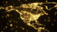 Golden illuminated North America continent map with glowing network connections and bokeh lights on dark background for technology concepts.