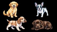 Four dog breeds illustrated in watercolor style, isolated on transparent background. Golden Retriever, French Bulldog, Beagle, and Chocolate Labrador. Ready for t-shirt design, clipart, stickers, print-on-demand products, and sublimation projects.