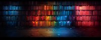 Dramatic library interior with colorful illuminated bookshelves glowing in rainbow spectrum from blue to red, creating mystical atmosphere on dark wooden floor.