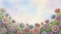 Watercolor aster flowers in purple and blue tones frame a soft pastel sky background, creating a dreamy floral border with copy space.