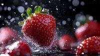 Fresh ripe strawberry with water drops and splashes on dark background with bokeh lights, macro food photography for healthy eating concept.