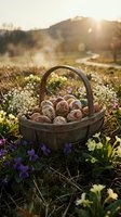 Rustic wicker basket filled with decorated Easter eggs nestled among spring wildflowers in golden sunset meadow with mountains in background.