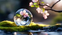 Crystal sphere resting on moss with pink blossoms reflected inside, surrounded by spring foliage and natural light for nature and garden designs.