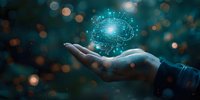 Digital brain hologram floating above open hand against dark background with bokeh lights, representing artificial intelligence and future technology in healthcare and education.