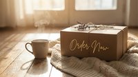 Cozy kraft gift box with Order Now text, steaming coffee mug, lavender sprig, and knit blanket on warm wooden floor in soft light.