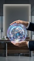 Businessman hands protecting holographic Earth globe with network connections in modern office environment for global business and technology concepts.