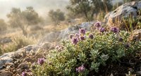 Wild purple flowers blooming among rocks in natural Mediterranean landscape with soft morning light and blurred background for nature photography.