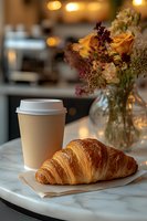 Fresh baked croissant and takeaway coffee cup on marble table with blurred floral arrangement in background creating cozy cafe atmosphere with warm bokeh lights.